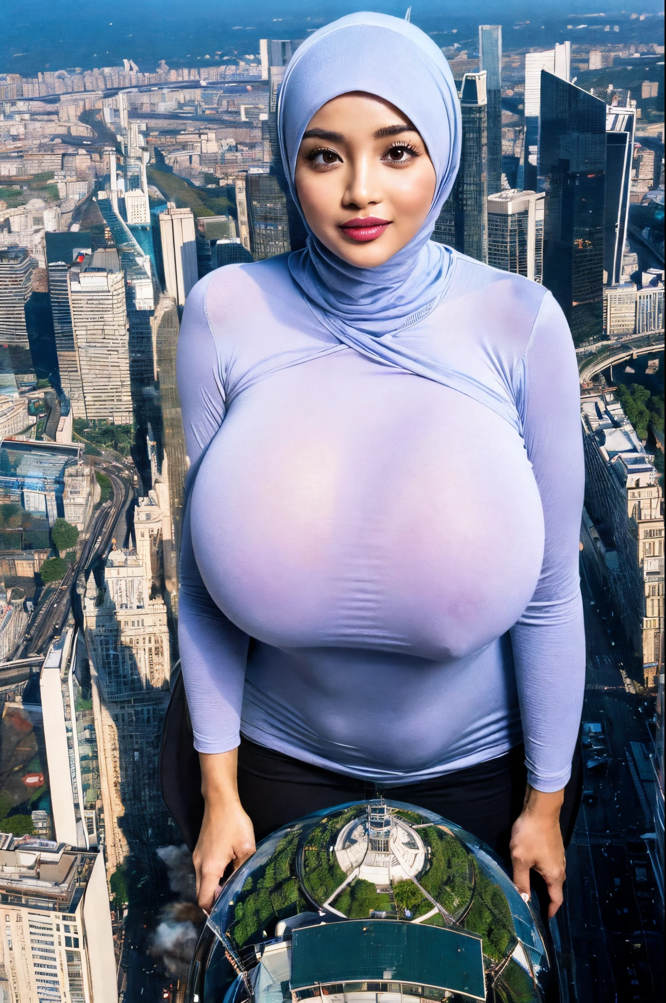 (Best quality, high resolution, masterpiece: 1.3), a beautiful malay woman in hijab, gigantic breasts, slim figure, sweatshirt, beautifully presented details in the street and facial and skin texture, detailed eyes, double eyelids, big eyeschest visible, shirt openfeatures), HDR, 8k resolution, nice fingers, firm skin, (((high detail skin, visible pores))), 1 female, tall body, 30 years old, holding a luxurious handbag(ultra Gigantic Breasts:1.3, heavy hanging breasts, perfect round shape breast), wearing jeans Tight Malay Gamis Pastel Close Up Tight Hijab, big busty red lips, Full Body, Beautiful Shy Smile, Wearing High Heels, In Lux, wearing deep_v-neck_dress, (giga:1.3), giantess, (city destruction:1.35), metropolis, london, aerial view, sitting on a building