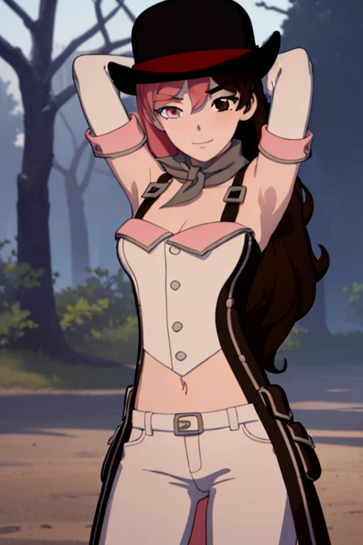 neopolitan, neopolitan, long hair, brown hair, (brown eyes:1.ink hair, multicolored hair, pink eyes, two-tone hair, (heterochromia:1.2), split-color hair,
BREAK gloves, hat, navel, brown eyes, detached sleeves, midriff, belt, pants, white gloves, black headwear, bowler hat,
BREAK outdoors, outdoors, smile, arms behind head, spread armpits, forest, dark sky, contrapposto,
BREAK looking at viewer, (cowboy shot:1.5),
BREAK (masterpiece:1.2), best quality, high resolution, unity 8k wallpaper, (illustration:0.8), (beautiful detailed eyes:1.6), extremely detailed face, perfect lighting, extremely detailed CG, (perfect hands, perfect anatomy),