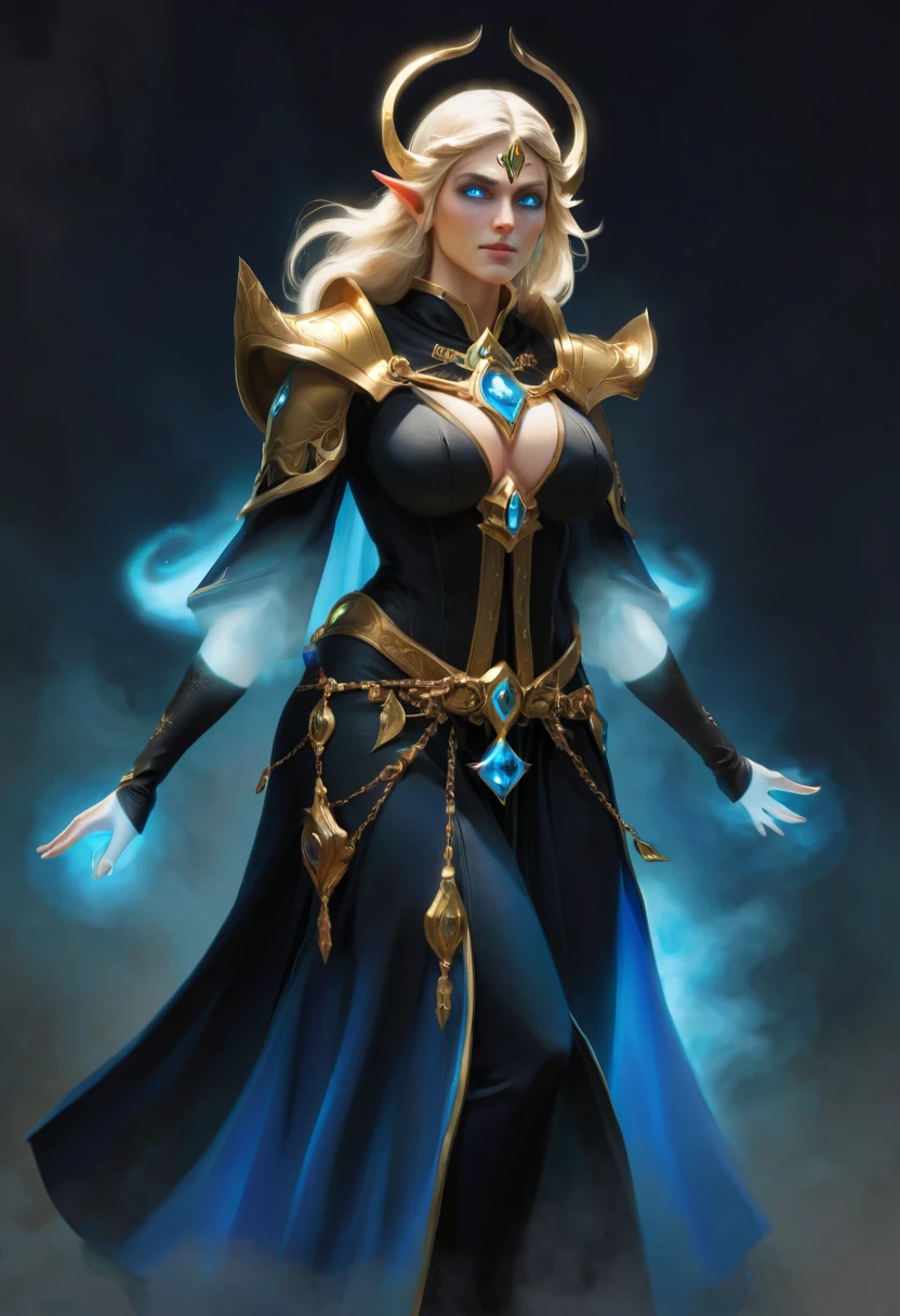 An Elf female with blond hair, wearing a "black and gold religious habit", large breasts, full body pose, spirit, glowing blue aura,
