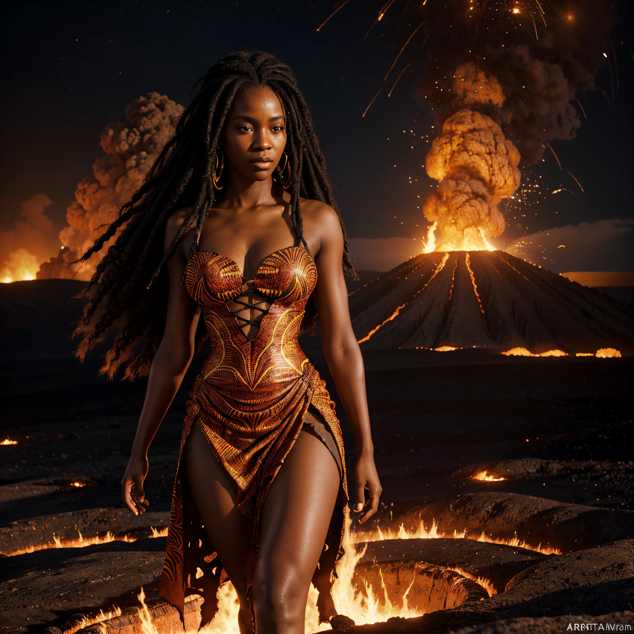 African woman dressed in a flaming african designed dress with long dreadlocks, standing on a volcanic mountain, lava spreading all over the place, 32k, ultra HD, unreal engine rendered, cinematic lighting, artgerm style, hyper-realistic image