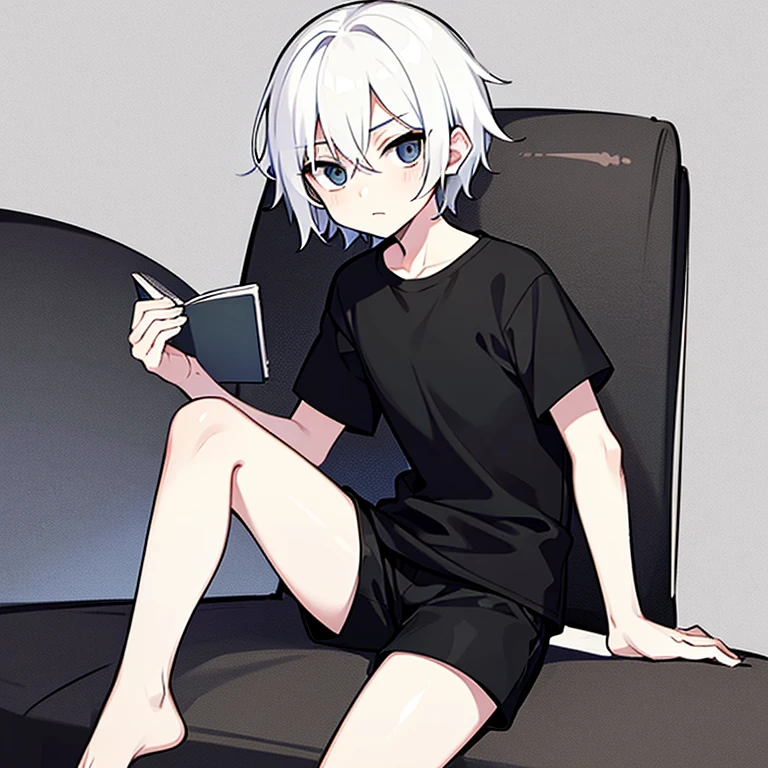 White-skinned ager with black eyes, short black messy book-style hair, He was wearing a white t-shirt, black mid-length shorts, friendly appearance