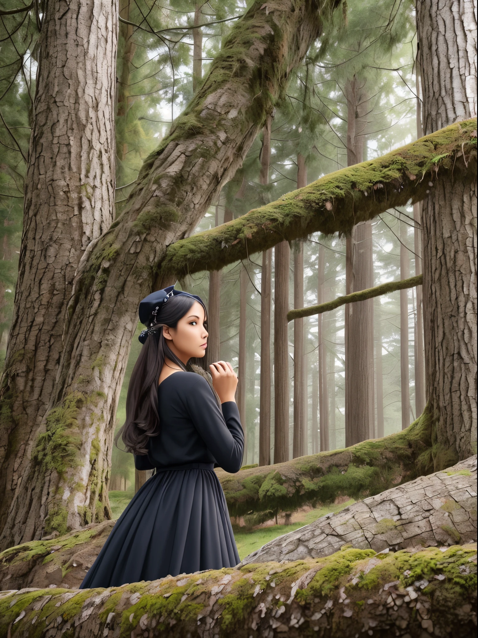 Abstract disorder, surreal, HD 4k, philosophy, elegant woman in black dress in forest house looking out window on branches drinking crow, realistic, black and white, gray, wood house, wide angle --auto --s2