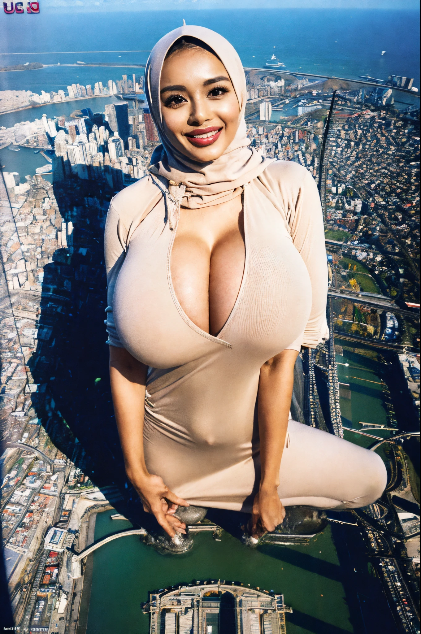 (Best quality, high resolution, masterpiece: 1.3), a beautiful malay woman in hijab, gigantic breasts, slim figure, sweatshirt, beautifully presented details in the street and facial and skin texture, detailed eyes, double eyelids, big eyeschest visible, shirt openfeatures), HDR, 8k resolution, nice fingers, firm skin, (((high detail skin, visible pores))), 1 female, tall body, 30 years old, holding a luxurious handbag(ultra Gigantic Breasts:1.3, heavy hanging breasts, perfect round shape breast), wearing jeans Tight Malay Gamis Pastel Close Up Tight Hijab, big busty red lips, Full Body, Beautiful Shy Smile, Wearing High Heels, In Lux, wearing deep_v-neck_dress, (giga:1.3), giantess, (city destruction:1.35), metropolis, london, aerial view, sitting on a building