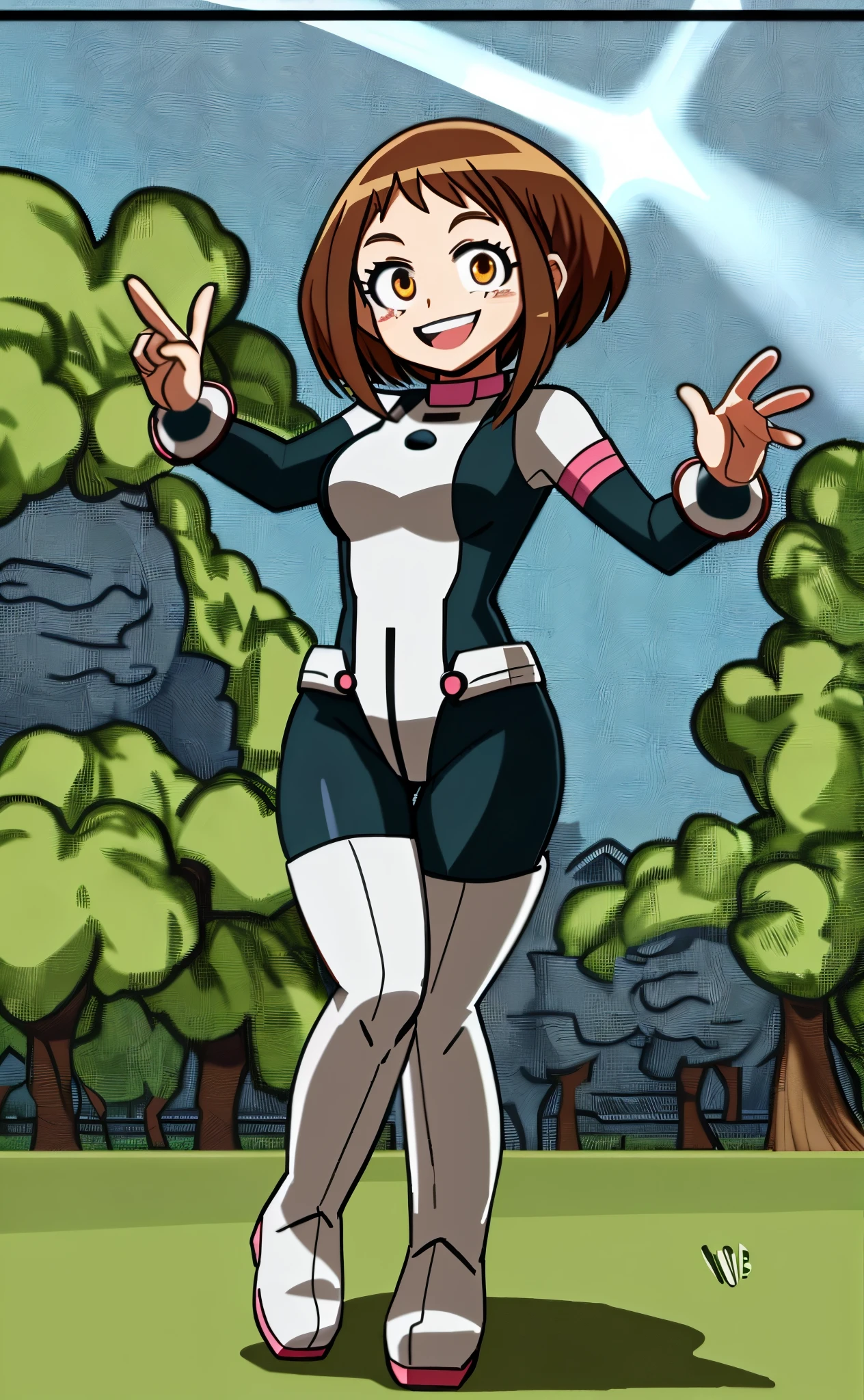 [ochako uraraka], [Boku no hero academia], ((masterpiece)), ((HD)), ((high res)), ((beautiful render art)), ((solo portrait)), ((front view)), ((full body)), ((anime)), ((detailed shading)), ((intricate details)), {ochako, cute brown eyes, short brown hair, short eyelashes, (curvy hips), (thick thighs), (beautiful legs), (cute smile)}, {(hero costume), (bodysuit)}, {(standing), (leaning on wall), (looking at viewer)}, [Background; (grass plains), (trees), (blue sky), (sun rays)]