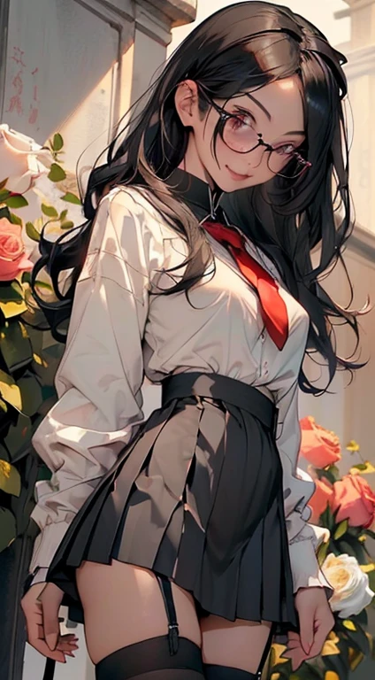 (Black Long Hair)、 Standing facing the front 、Full body posture、 (A detailed eye、二重まぶた、eye glasses、A slight smil、Open mouth and happy smile)、 (School Uniforms:1.3)、(tight mini pleated skirt:1.3)、(Skirt lift:1.3)、(Sexy Micro Panties:1.2)、(garterbelts:1.2)、(thigh-high socks:1.2) ((medium chest)) 、((Cameltoe:1.3)、(Slim waist)、(zettai ryouiki:1.3))、Lots of flowers background (５Fingered hand、Highly detailed facial and skin texture)、 (Super close-up looking up from below:1.2)、Focus on the crotch、(Looking at the camera:1.2))、((top-quality、8K,​masterpiece:1.3))、(Beautiful woman with perfect figure:1.4)、(Background with many roses blooming:1.3)