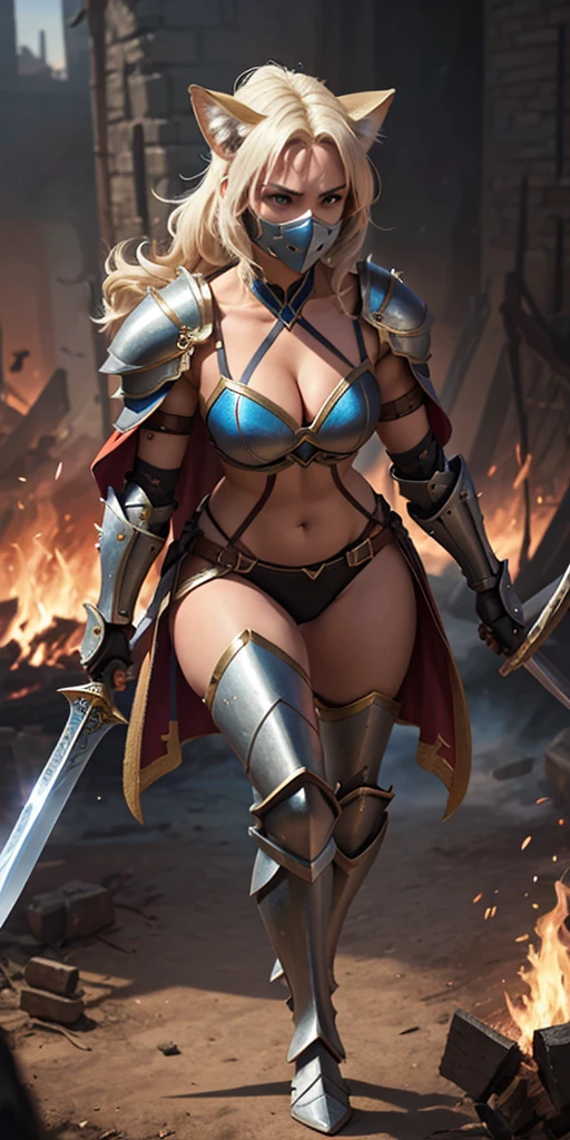 A curvy knight with blue eyes and blonde hair. She is wearing blue and gold armour and she is holding a trident.