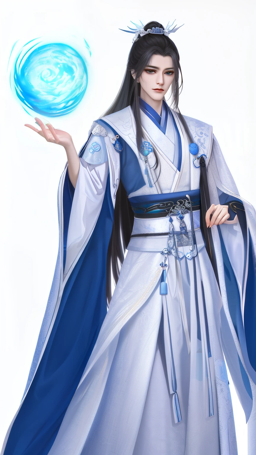 Man dressed in white and blue, Wallpapers,heise jinyao, cotton mist robe,The exquisite prince, Inspired by Bian Shoumin, inspired by Guan Daosheng, full body xianxia, Beautiful prince, inspired by Zhang Han, inspired by Zhao Yuan,, flowing hair and long robes, zhao yun, xianxia hero,white backgrounid,Eye focus,a sharp gaze,A high resolution,tmasterpiece,Best quality at best,32K,correct hand,