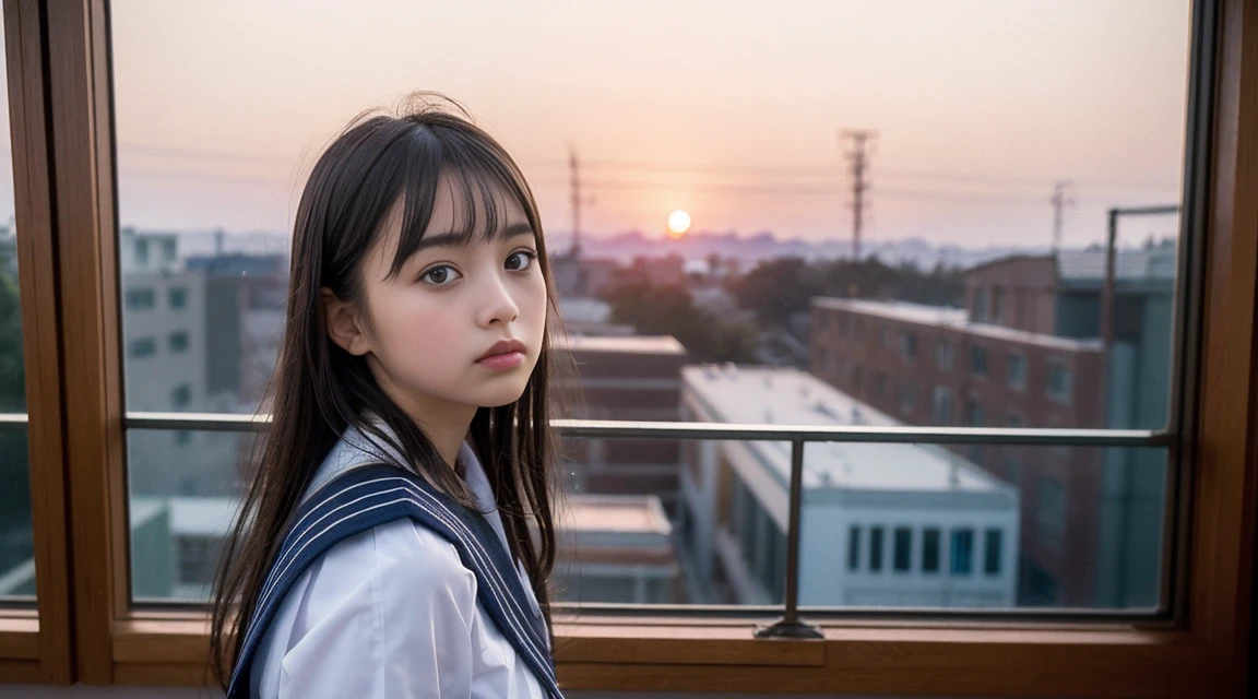 (Best Quality, 8K, 32 k, masutepiece, (english) (english) (english):1.2), (Raw foto), (realisitic), (Photorealistic:1.2), (high resolucion), Ultra-detailed, extremely beautiful face & eyes, 1girll, (Lori, 14 year old:1.2), young female, innocent face, faint expression, sad look, thin-waist, tits huge, slim proportions, (Uniform of Japanese sailors, sailor fuku, serafuku, japanese school sailor uniform, striped pleated skirt:1.27), in a classroom, Side view looking out the window, The red sunset outside, the sun dyed red, A classroom with a sunset, 90s, analog film camera shooting, mini