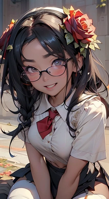 (Black Long Hair)、 sitting on 、Full body posture、 (A detailed eye、二重まぶた、eye glasses、A slight smil、Open mouth and happy smile)、 (School Uniforms:1.3)、(tight mini pleated skirt:1.3)、(Skirt lift:1.3)、(White sexy panties:1.2)、(Black garter belt:1.3)、(Black thigh socks:1.3)、 ((Medium chest)) 、((Cameltoe:1.3)、Model body type、(Slim waist)、(zettai ryouiki:1.3))、Lots of flowers background (５Fingered hand、Highly detailed facial and skin texture)、 (Super close-up looking up from below:1.2)、Focus on the crotch、(Looking at the camera:1.2))、((top-quality、8K,​masterpiece:1.3))、(Beautiful woman with perfect figure:1.4)、(Background of many blooming roses:1.3)