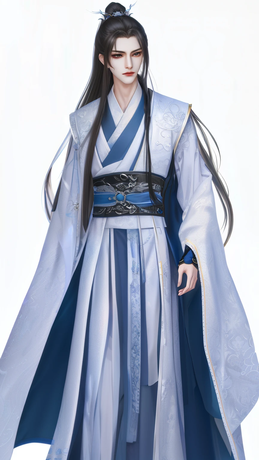 Man dressed in white and blue, Wallpapers,heise jinyao, cotton mist robe,The exquisite prince, Inspired by Bian Shoumin, inspired by Guan Daosheng, full body xianxia, Beautiful prince, inspired by Zhang Han, inspired by Zhao Yuan,, flowing hair and long robes, zhao yun, xianxia hero,white backgrounid,Eye focus,sharp sharp eyes,A high resolution,tmasterpiece,Best quality at best,32k,