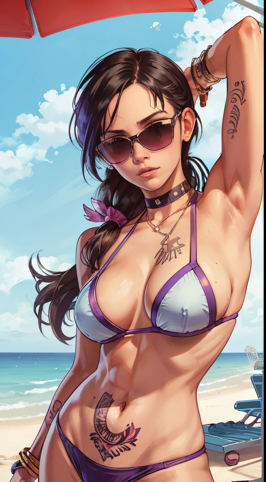 (alone), woman, upperbody, big breast, sunglasses,  beach, bikini, perfect body, cartoon, front, arm, perfect face, hands on waist, ((GTA artwork))