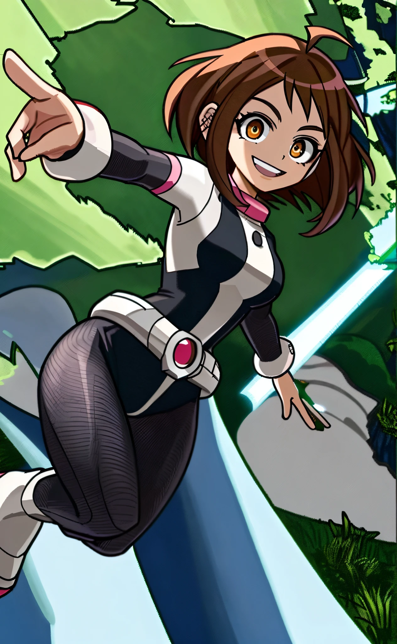 [ochako uraraka], [Boku no hero academia], ((masterpiece)), ((HD)), ((high res)), ((beautiful render art)), ((solo portrait)), ((front view)), ((full body)), ((anime)), ((detailed shading)), ((intricate details)), {ochako, cute brown eyes, short brown hair, short eyelashes, (curvy hips), (thick thighs), (beautiful legs), (cute smile)}, {(hero costume), (bodysuit)}, {(standing), (looking at viewer)}, [Background; (grass plains), (trees), (blue sky), (sun rays)]
