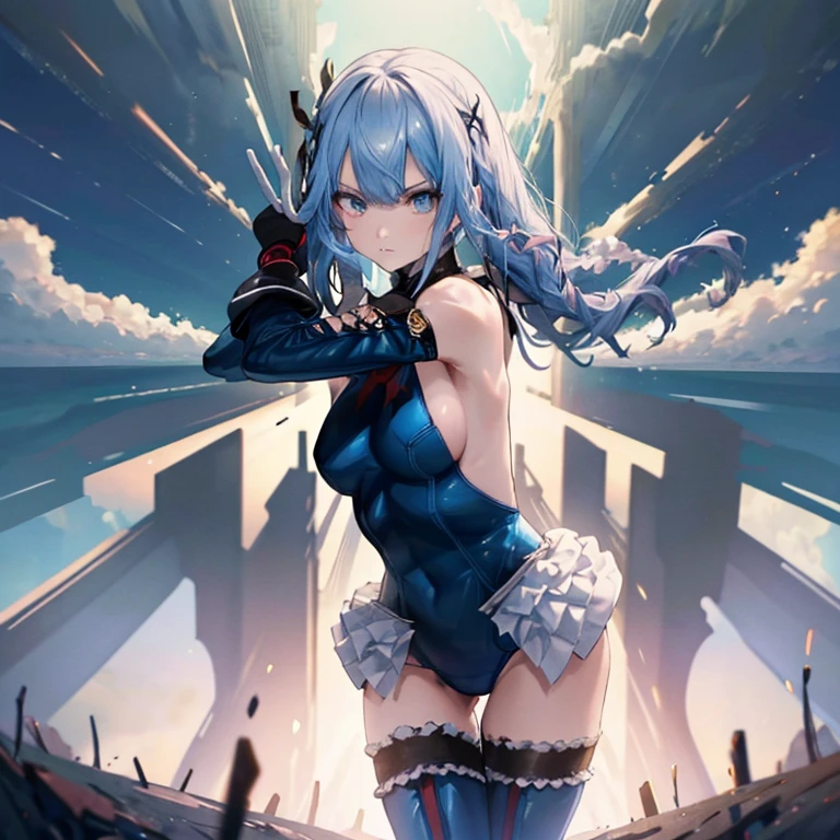 Blue leotard,highleg,Above the city, Preparing for battle, Detailed art photos, beautifull detailed face, Dreamy, blazing, Back lighting, Glamour, Glow, shadowy, oil on canevas, brushstrokes, Soft, Ultra high definition, 8K, unreal enginee 5, Ultra Focus Sharp, ArtGerm, Roisch, nffsw, intricate art masterpiece, Menacing, Matte Paint Movie Poster, Golden ratio, CGsociety trend, Convoluted, epicd, Highly detailed, Vibrant, production cinematic character render, Quality model ultra-high,well-muscled,