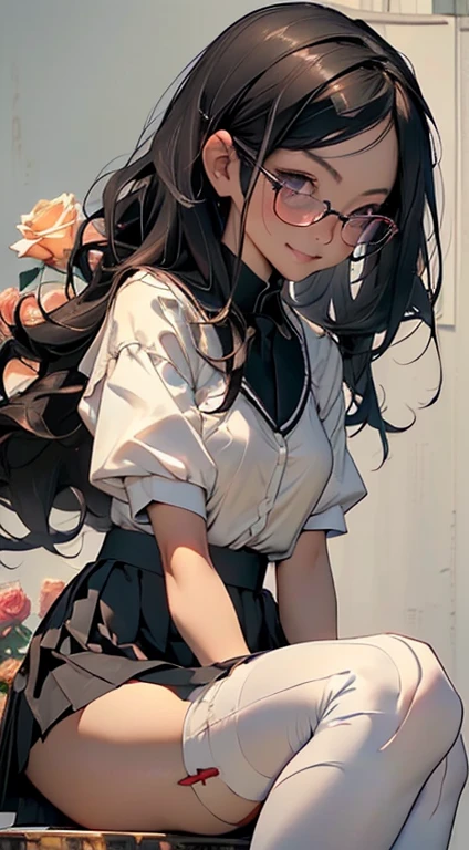 (Black Long Hair)、 sitting with open legs 、Full body posture、 (A detailed eye、二重まぶた、eye glasses、A slight smil、Open mouth and happy smile)、 (School Uniforms:1.3)、(tight mini pleated skirt:1.3)、(Skirt lift:1.3)、(Show white sexy panties:1.2)、(Black garter belt:1.3)、(Black thigh socks:1.3)、 ((Medium chest)) 、((Cameltoe:1.3)、Model body type、(Slim waist)、(zettai ryouiki:1.3))、Lots of flowers background (５Fingered hand、Highly detailed facial and skin texture)、 (Super close-up looking up from below:1.2)、Focus on the crotch、(Looking at the camera:1.2))、((top-quality、8K,​masterpiece:1.3))、(Beautiful woman with perfect figure:1.4)、(Background of many blooming roses:1.3)