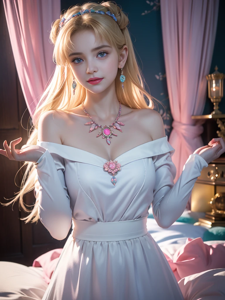 tmasterpiece，Highest image quality，super detailing，Best quality ,Extremely Delicately Beautiful, Very meticulous,Best quality, offcial art, extremely detaild的 CG unified 8k wallpapers, Ana de Armas portrait photo, blond hair blue eyes，Radiant skin and radiant eyes:1.1), pretty skin, lamplight, (Detailed lighting:1.2), (Beautiful and detailed light:1.3), Beautiful maid outfit, deep understanding, The beautiful, iintricate, digitial painting, smooth private parts, Focus sharp, The end of the world, Epic reality, (HighDynamicRange:1.4), captivating curves，(pastel colour:1.4), Bigchest，apocalyptic, giving up, com cores neutras, natta, Screen space refraction, (Complicated details, ultra - detailed:1.3), Dream Catcher Necklace，art  stations, Cinema lenses, vignet, the complex background, buliding，Enchanted smile，detailed back ground，Dream catcher earrings in various colors，white colors，in pink，purpleish color，red colour，blue colors，orange colors，green color，cyan colors，），No shoulder strap，