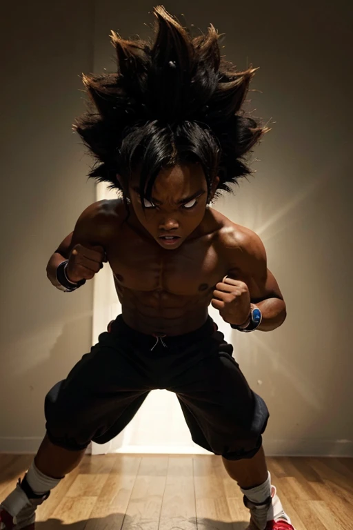 boy, darkskin boy, brown kid, hair till shoulder, hair like goku, dragon ball, goku, vegeta, anime, cartoon, black kid, young, big hair, Super Saiyan hair, hair like Super Saiyan 2, loading power, fighting stand, angry, fist hands, fighting pose
