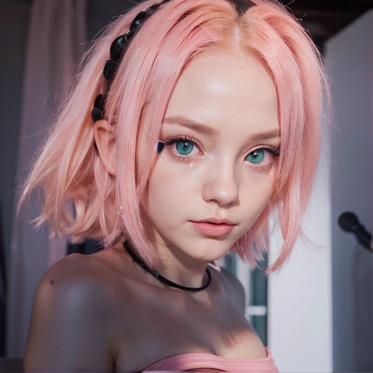 young woman, porcelain skin, short bubblegum pink hair, wide forehead, thin pink eyebrows, big emerald green eyes, buttoned nose, big peach lips, heart-shaped face, long thin neck, red clothes, bare shoulders, Sakura Haruno black, realism, 3d, sunset