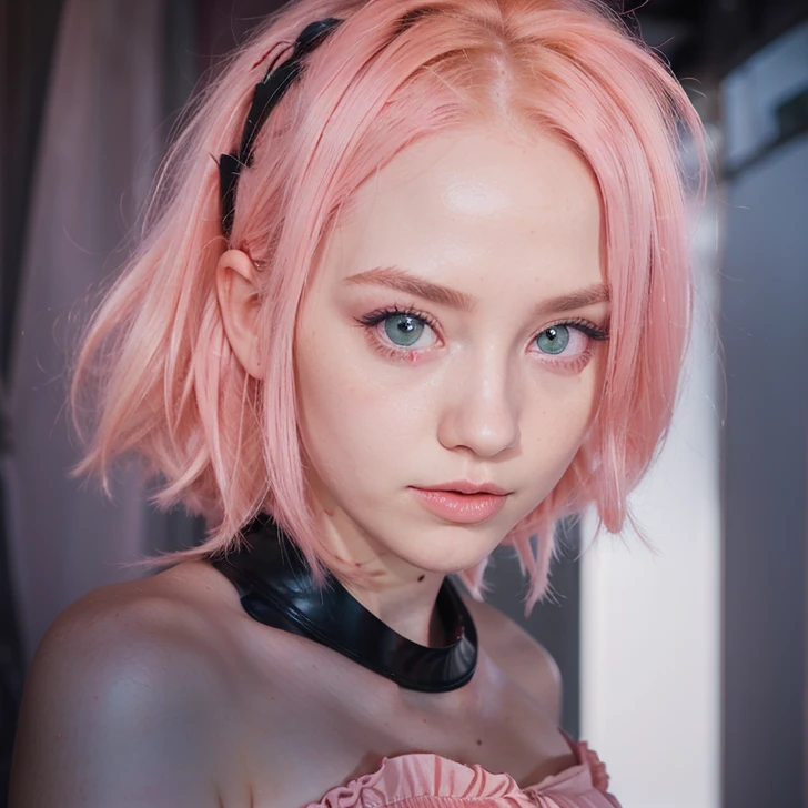 young woman, porcelain skin, short bubblegum pink hair, wide forehead, thin pink eyebrows, big emerald green eyes, buttoned nose, big peach lips, heart-shaped face, long thin neck, red clothes, bare shoulders, Sakura Haruno black, realism, 3d, sunset