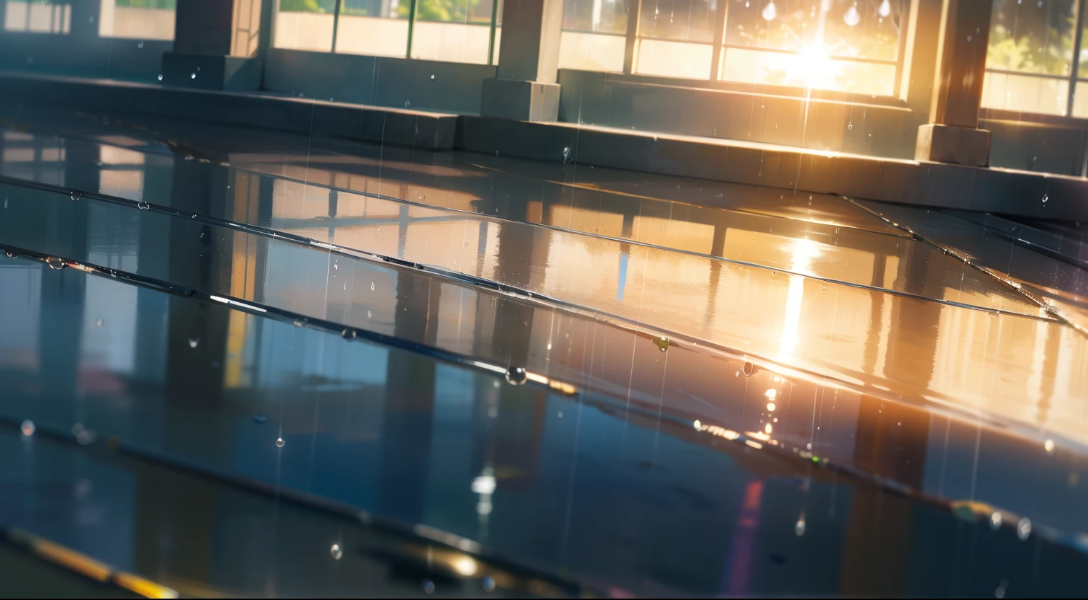 ultra realistic, qualidade da obra-prima, Chuva em campo aberto ,(( sunlight reflecting through raindrops)), cinemactic, gotas de chuva que passam a luz do sol