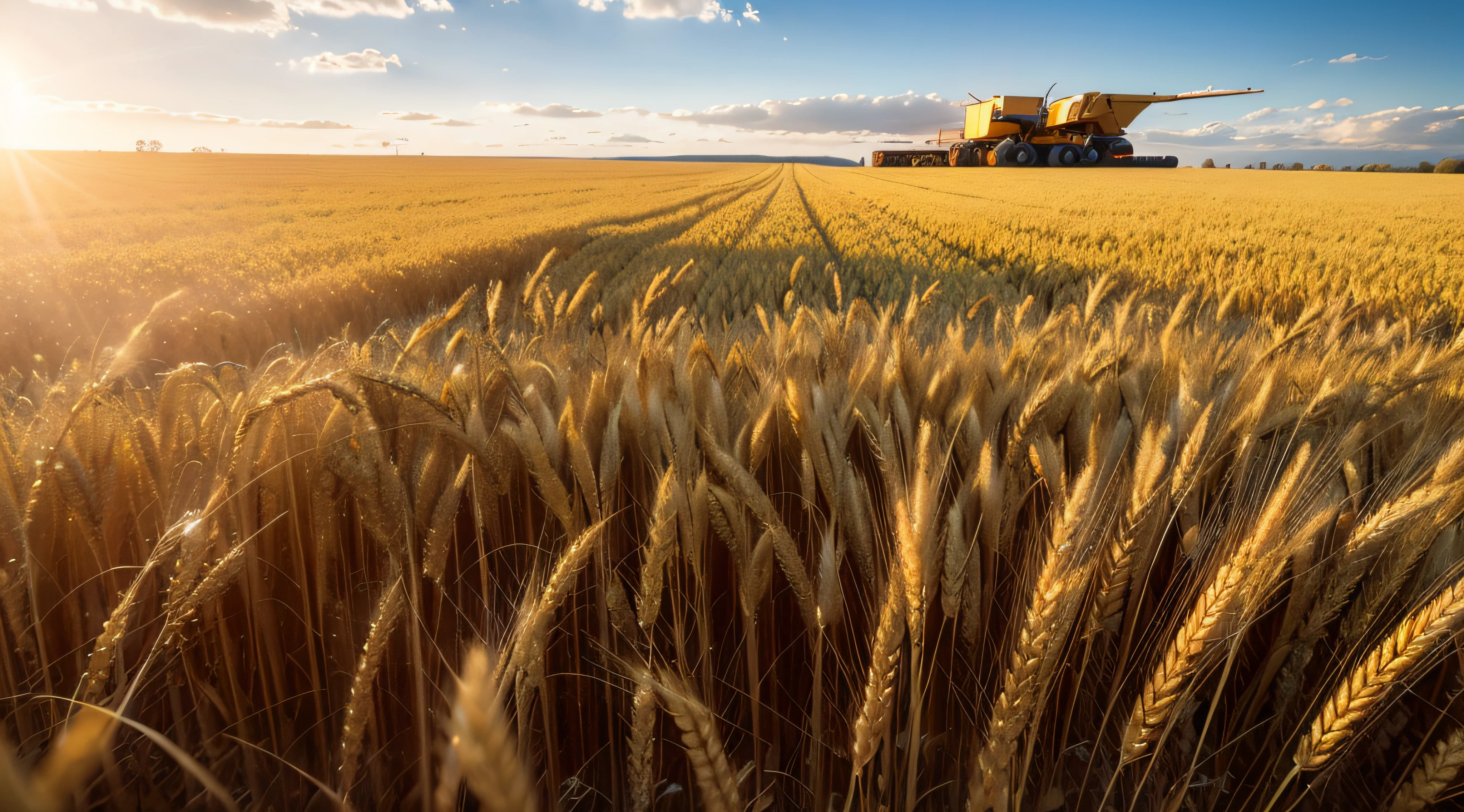 There a golden wheat field under the blue sky and white clouds,There a farmer with a good harvest in the close shot,Close shot, The ground covered with harvested wheat.,Ultra wide angle lens ultra high definition,high high quality,depth of fields,composite poster,Depth-of-fie