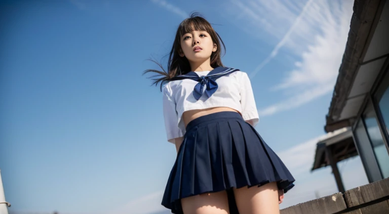 (Best Quality, 8K, 32 k, tmasterpiece, NFFSW (english) (english) (english) (english) (english):1.2), (Raw foto), (realisitic), (Photorealistic:1.2), (high resolucion), Ultra-detailed, extremely beautiful face & eyes, 1girll, (Lori, 14 year old:1.2), young female, innocent face, thin-waist, tits huge, slim proportions, (Uniform of Japanese sailors, sailor fuku, serafuku, japanese school sailor uniform, darkblue pleated skirt:1.27), (From below, white thong, groin:1.24), Red sunset, City rooftops, red colored clouds, The setting sun