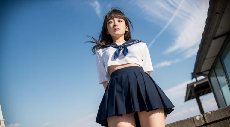 (16K, HDR, High resolution), ((((Full body photo,Raw photo, Hyperrealism, masterpiece, highest quality, ultra High resolution)))), (Pin Light, Backlight,Cinematic Light), ((((Japanese  girl uniform,Sailor suit,Skirt flipped up by strong wind,Jump energetically,Dynamic pose),Camel Toe,Panties digging into pussy))), (Hyper Detail, finely), 1 Korean Idol, (((Shooting from directly below,Panty shot,String-shaped panties,Angle to look into pussy:1.3))),Beautiful Goddess,Archaic Smile, A provocative smile,Small, plump lips, Straight and cute nose, A little redness on the cheekbones,Long and beautiful eyelashes, Narrow waist,Narrow waist,Perfect Style,Huge breasts,Very heavy chest,Big Ass