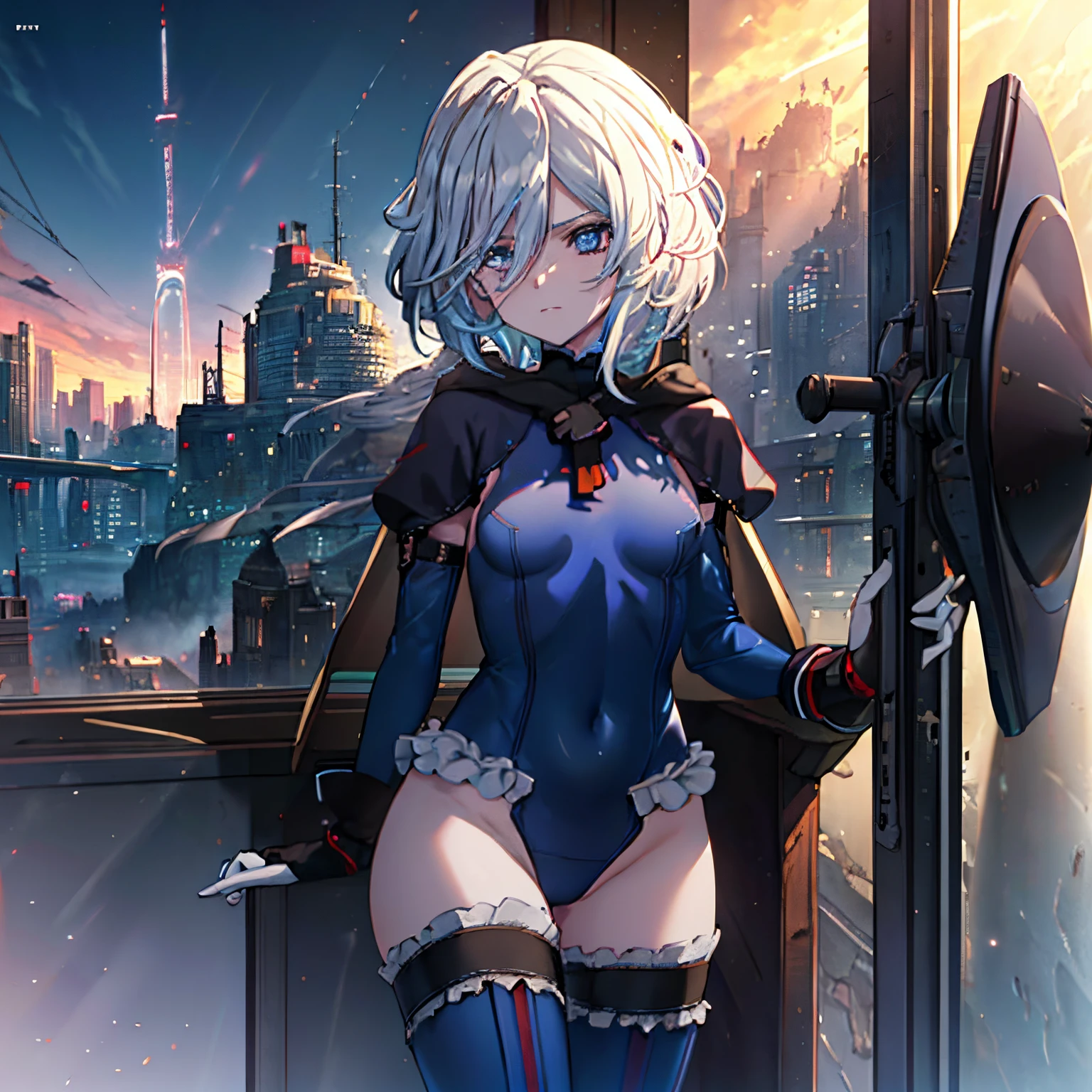 Blue leotard，highleg，Above the city, Preparing for battle, Detailed art photos, beautifull detailed face, Dreamy, blazing, Back lighting, Glamour, Glow, shadowy, oil on canevas, brushstrokes, Soft, Ultra high definition, 8K, unreal enginee 5, Ultra Focus Sharp, ArtGerm, Roisch, nffsw, intricate art masterpiece, Menacing, Matte Paint Movie Poster, Golden ratio, CGsociety trend, Convoluted, epicd, Highly detailed, Vibrant, production cinematic character render, Quality model ultra-high，