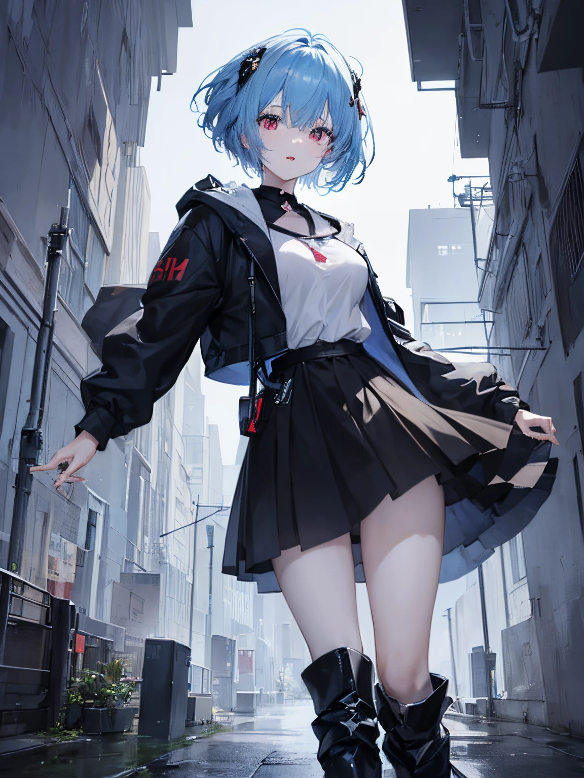 ((masterpiece)), ((best quality)), (ultra-detailed), ((kawaii)), cute, (lovely), ((sexy)), ((extremely detailed)), 4K, (8K), best quality, (beautiful), (anime style:1.2), flat color, painting, BREAK, dynamic pose ((nsfw)), BREAK, upper body, gradation, Beautiful girl with pale blue hair,with hair dishevelled, short pale blue hair,White pupils,The legs are very thin,The legs are long, red eyelashes, MASTERPIECE, BREAK, 1girl ((20 years old)), Rei Ayanami, Black jacket , Black miniskirt, Long stocks, black boots, BREAK, large breasts, Arms Wide open, looking back over shoulder, Smile, open mouth, short hair, (pale blue hair, Deep red Eyes:1.2), Sparkling eyes, (Perfect eyes:1.2), (Perfect iris:1.2), BREAK, (cool), BREAK, shiny-glistening, ultra shiny body, gleaming, Cute face, kawaii, Large breasts, delicate hair, disheveled hair, BREAK, dark night, full moon, castle, ((low camera angle, ground view)) Tall and tall,Thin, 8k, ultrarealistik, oficial art