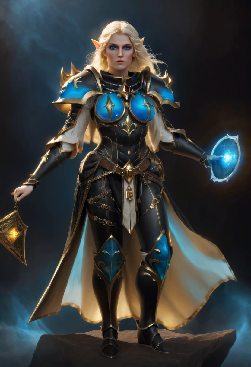 An Elf female with blond hair, wearing a "black and gold religious plate armor", large breasts, full body pose, spirit, glowing blue aura,