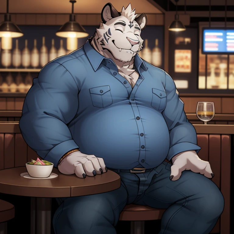 axel cosmas, solo, blue button shirt, plump, blue jeans, restaurant background, sitting at table, fat ass, eyes closed, 4k, hi res,