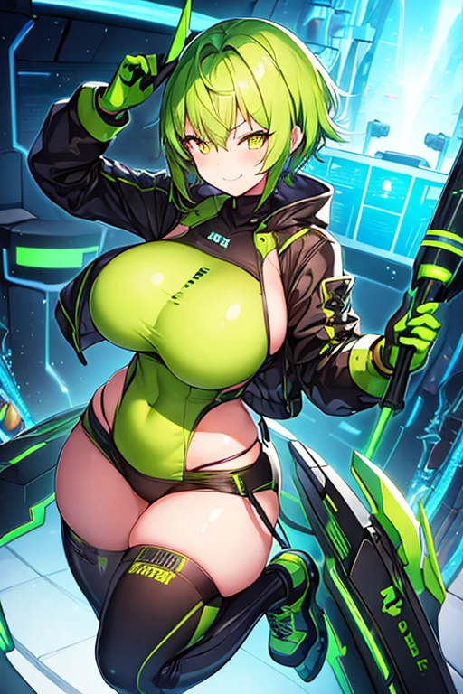 1girl, large breasts, wide hips, thick thighs, green hair, very short hair, short hair, yellow eyes, bikini, black bikini, neon trim, smile, smirk, smug, futuristic, science-fiction, tech, shoes, sneakers, green trim, black clothes, race queen, bodysuit