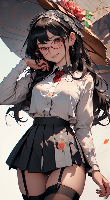 (Black Long Hair)、 Rear view、 (A detailed eye、二重まぶた、eye glasses、A slight smil、Open mouth and happy smile)、 (School Uniforms:1.3)、(tight mini pleated skirt:1.3)、(Skirt lift:1.3)、(Show white sexy panties:1.2)、(Black garter belt:1.3)、(Black thigh socks:1.3)、 ((Medium chest)) 、((Cameltoe:1.3)、Model body type、(Slim waist)、(zettai ryouiki:1.3))、Lots of flowers background (5Fingered hand、Highly detailed facial and skin texture)、 (Super close-up looking up from below:1.2)、Focus on the crotch、(Looking at the camera:1.2))、((top-quality、8K,masterpiece:1.3))、(Beautiful woman with perfect figure:1.4)、(Background of many blooming roses:1.3)