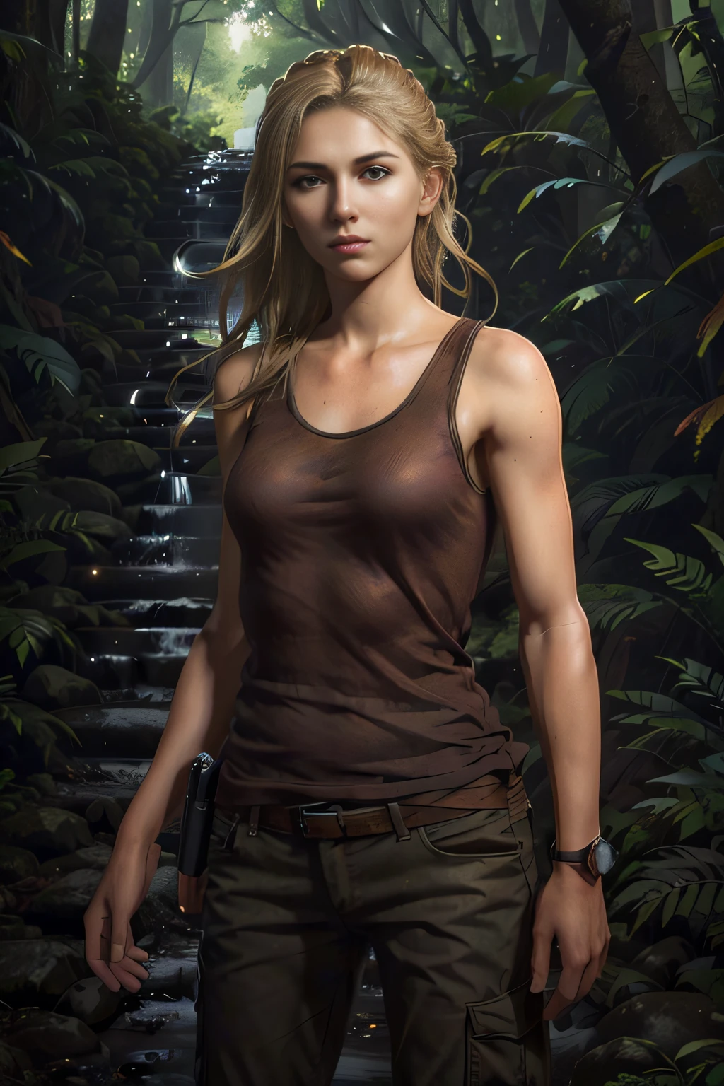 (masterpiece, best quality:1.3) UnchartedElenaFisher, luscious flowing wavy blonde hair 1girl, solo, explorer, adventure, forest, badass, awesome, cool, epic, black tank top, brown cargo pants, full body, photorealistic, detailed, high quality, Photorealism, CGSociety, by WLOP, Art