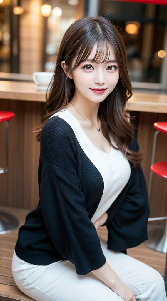 masutepiece, Best Quality, Illustration, Ultra-detailed, Full body、finely detail, hight resolution, 8K Wallpaper, Perfect dynamic composition, Beautiful detailed eyes, Women's Fashion Winter,Bob Hair, Natural Color Lip, Bold sexy poses,Smile,Harajuku、younggirl、Cute、Sexy shot looking at camera、cafes