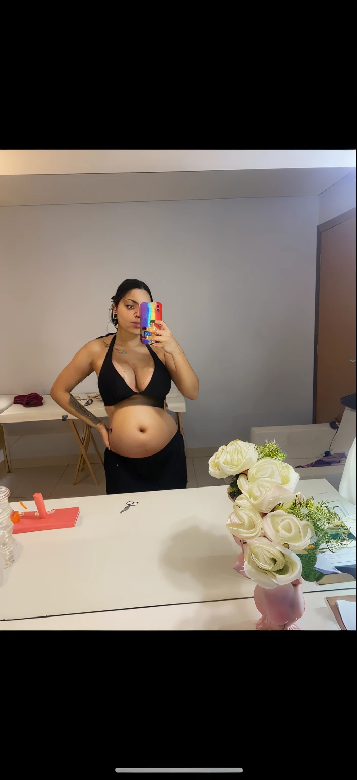 Realistic white pregnant woman, Brown hair, in clothing fitting room, wearing white bikini, small breasts, Golden necklace, with husband, smiley expressions, selfie mode photo, photo from the side