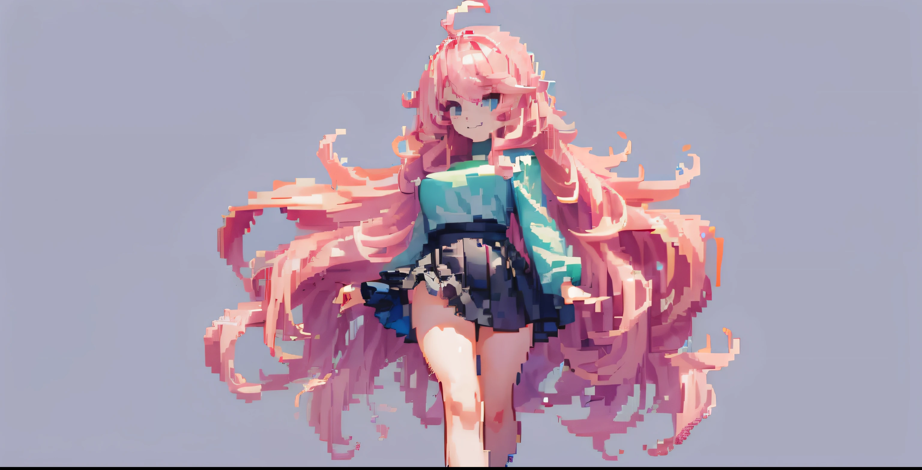 ((in the style of pixel art)), pixel, 4 bits pixel art, 1girl, slime girl, fullbody, pink hair, blue eyes, grin, long sleeved top, black short skirt, big hair ahoge, big hair, wavy hair, very long hair, pixel official art, looking at viewer, solo focus, background, plain background
