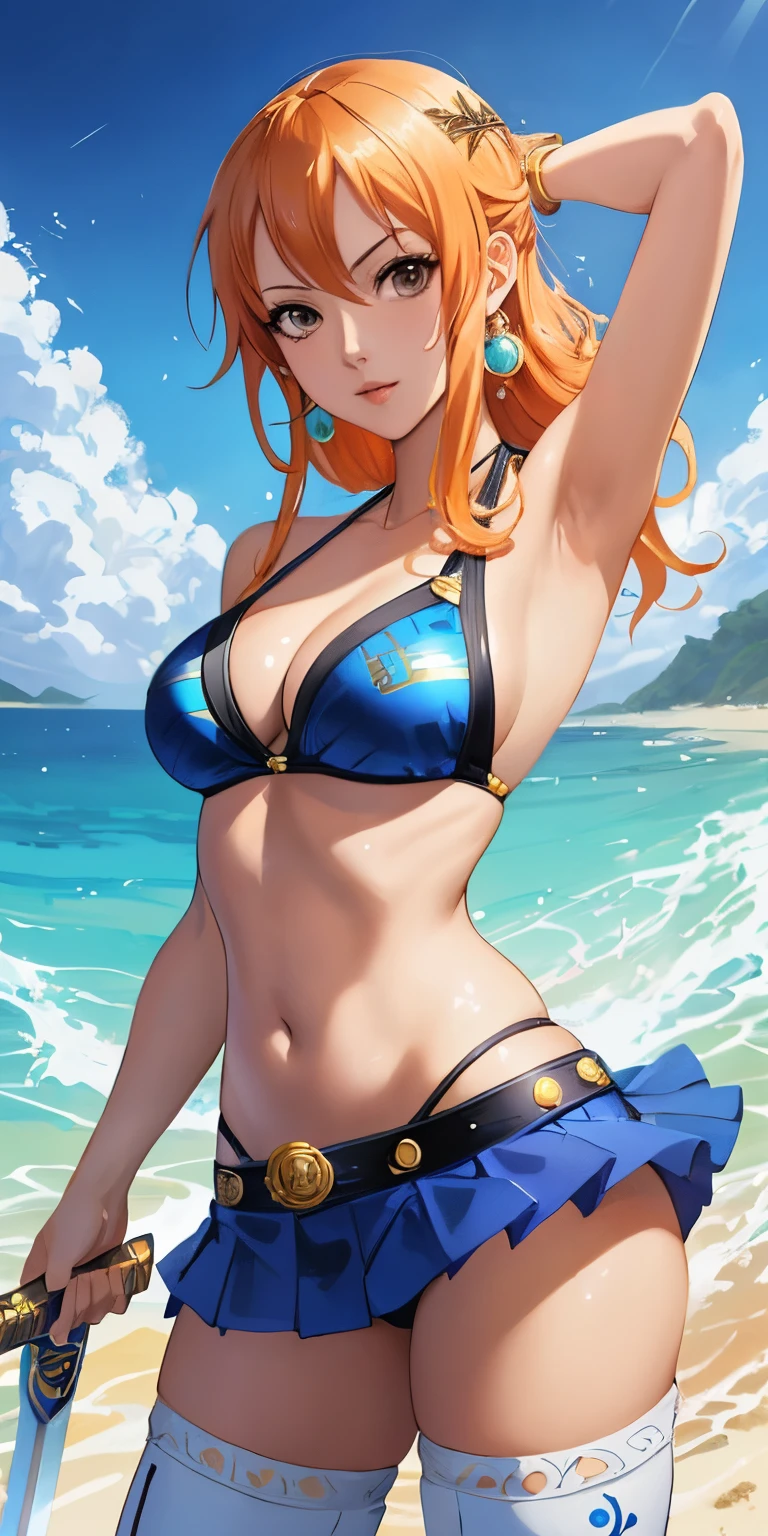 An arafe woman wearing a bikini top and super miniskirt and holding a sword, nami one piece, beautiful portrait of nami, Nami of one piece,Nami in super miniskirt, Detailed Digital Anime Art, Cute exirobat showing white pants, Very detailed ArtGerm haha, deviantart artstation cgscosiety, realistic bikini, Swimsuit, fanart best artstation, ArtGerm. high detailing