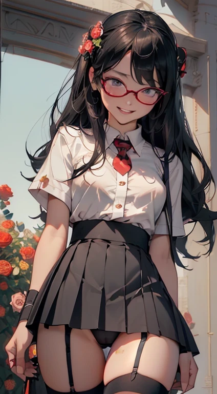 (Black Long Hair)、 posterior view、 (A detailed eye、二重まぶた、eye glasses、A slight smil、Open mouth and happy smile)、 (School Uniforms:1.3)、(tight mini pleated skirt:1.3)、(Skirt lift:1.3)、(Show white ???? panties:1.2)、(Black garter belt:1.3)、(Black thigh socks:1.3)、 ((Medium ?????)) 、((????????:1.3)、Model body type、(Slim waist)、(zettai ryouiki:1.3))、Lots of flowers background (５Fingered hand、Highly detailed facial and skin texture)、 (Super close-up looking up from below:1.2)、Focus on the ??????、(Looks Back:1.2))、((top-quality、8K,​masterpiece:1.3))、(Beautiful woman with perfect figure:1.4)、(Background of many blooming roses:1.3)