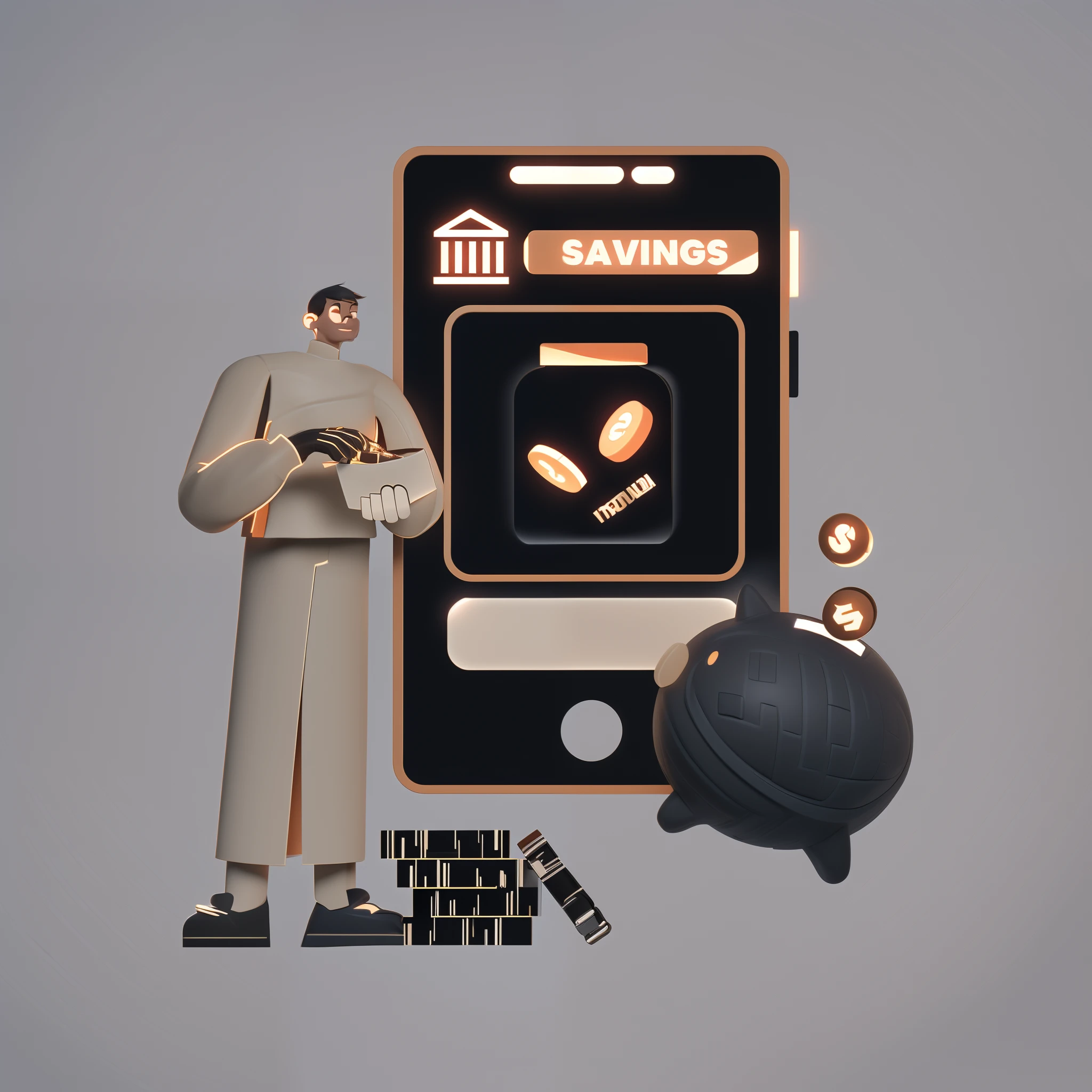 illustratio:A man stood by,savings logo on it, flatillustration, illustratio, and clean illustrations, 3d illustrations, Detailed 3D illustration, 3d illustrations, 3d illustrations, Stylized digital illustration, reduced minimal illustration, conceptual drawing, Digital 3D illustration, matte digital illustration, Commercial illustration
