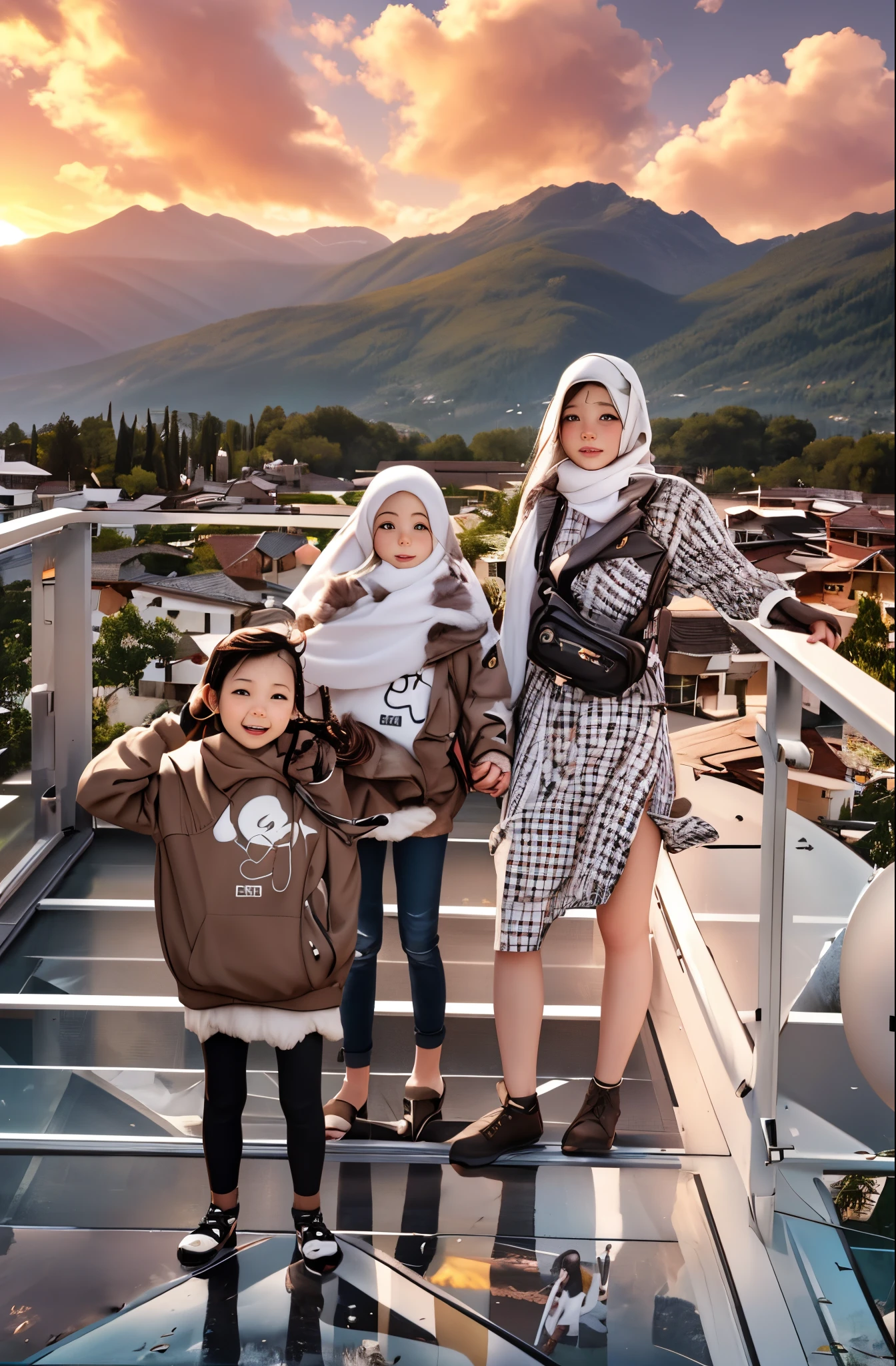 Detail face, Detail, realistic, 3D,8k,there are two women and a girl standing on a glass walkway, moutain in background, with mountains in the background, garis edelweiss, on rooftop, comming, connected with hanging bridge!!, , taken with sony alpha 9, in mountains, with mountains in background, happy family, scenary, during sunrise, with a kidith village