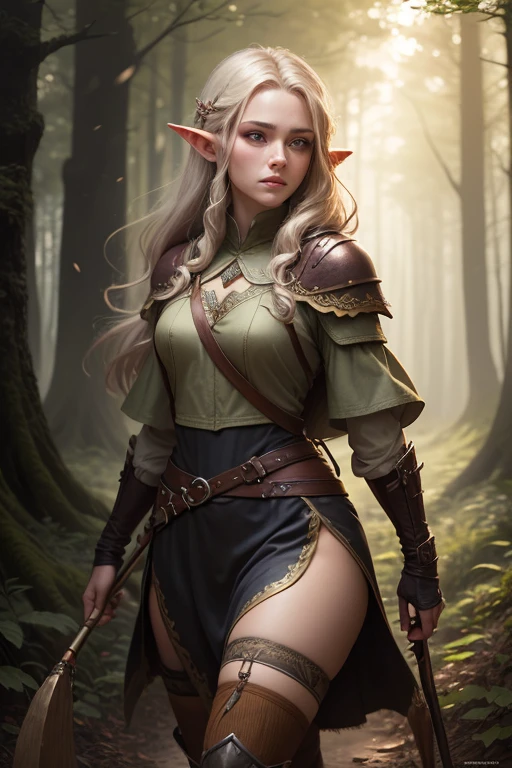 beautiful female elven warrior wandering the forest, hunting a deer with her bow, cinematic background, sunlight falling through the trees, (best quality:1.1), (masterpiece:1.2), highres