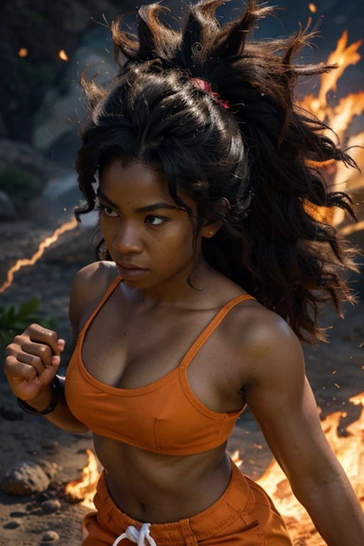 lady, darkskin lady, kamehameha, kamehameha move, kamehameha fire, brown ???, hair till shoulder, hair up, hair like goku, dragon ball, goku, vegeta, anime, cartoon, black ???, young, big hair, Super Saiyan hair, hair like Super Saiyan 2, loading power, fighting stand, angry, fist hands, fighting pose