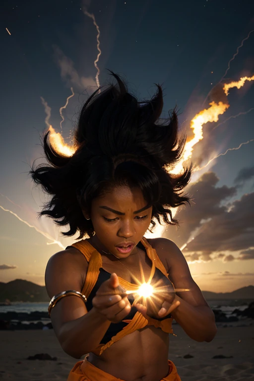 lady, darkskin lady, kamehameha, kamehameha move, kamehameha fire, brown kid, hair till shoulder, hair up, hair like goku, dragon ball, goku, vegeta, anime, cartoon, black kid, young, big hair, Super Saiyan hair, hair like Super Saiyan 2, loading power, fighting stand, angry, fist hands, fighting pose