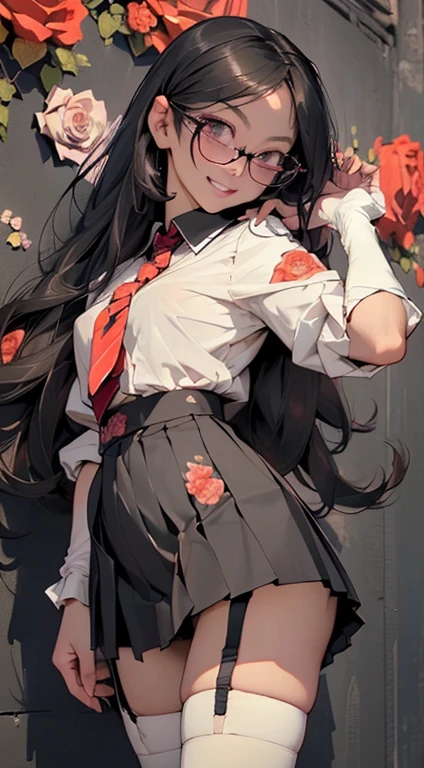 (Black Long Hair)、 Crouch with backward view、 (A detailed eye、二重まぶた、eye glasses、A slight smil、Open mouth and happy smile)、 (School Uniforms:1.3)、(tight mini pleated skirt:1.3)、(Skirt lift:1.3)、(Show white sexy panties:1.2)、(Black garter belt:1.3)、(Black thigh socks:1.3)、 ((Medium chest)) 、((Cameltoe:1.3)、Model body type、(Slim waist)、(zettai ryouiki:1.3))、Lots of flowers background (5Fingered hand、Highly detailed facial and skin texture)、 (Super close-up looking up from below:1.2)、Focus on the crotch、(Looks Back:1.2))、((top-quality、8K,masterpiece:1.3))、(Beautiful woman with perfect figure:1.4)、(Background of many blooming roses:1.3)