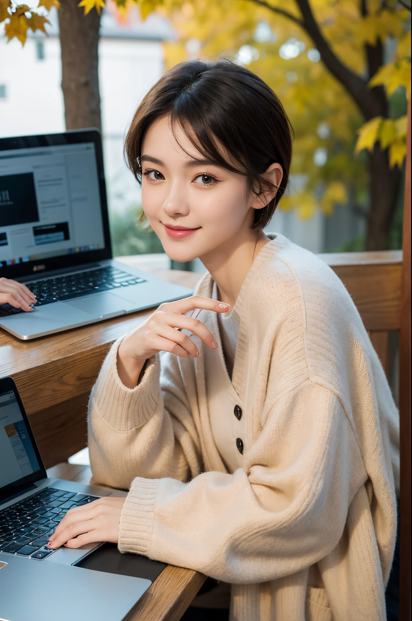 Gentle and cute girl,Short hair details,Autumn and winter clothing,Dignified and generous,ssmile,Exquisite hands,laptop,Stood up,Photographic works,high high quality,