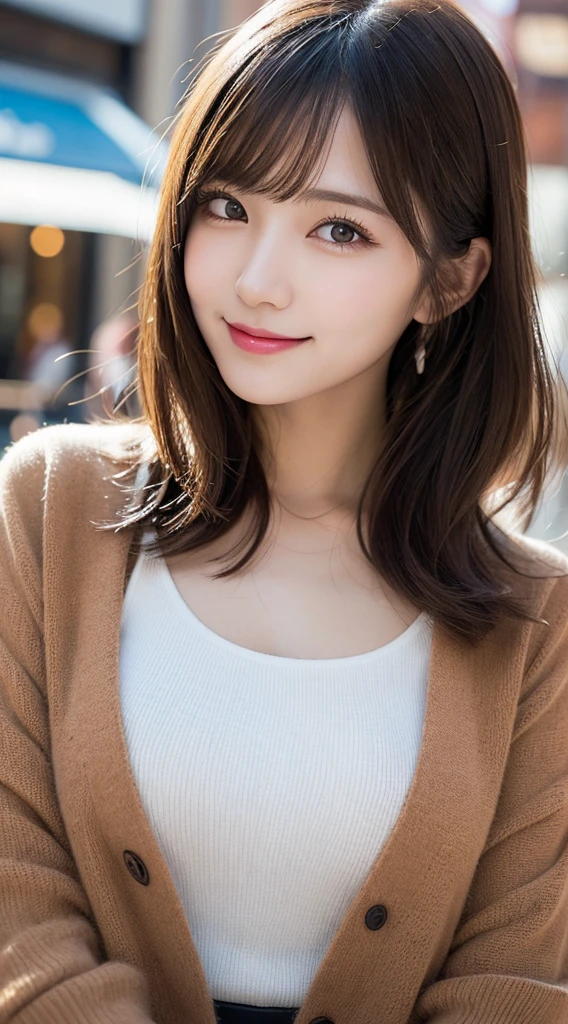 masutepiece, Best Quality, Illustration, Ultra-detailed、finely detail, hight resolution, 8K Wallpaper, Perfect dynamic composition, Beautiful detailed eyes, Women's Fashion Winter,Bob Hair, Natural Color Lip, Bold sexy poses,Smile,Harajuku、younggirl、Cute、Sexy shot looking at camera、cafes