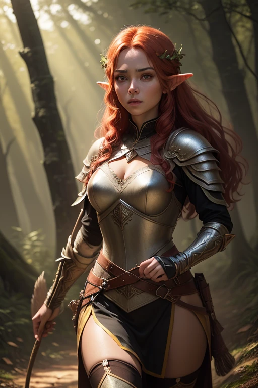 beautiful female elven warrior with red hair wandering the forest, wearing ornated elven armor, hunting a deer with her bow, cinematic background, sunlight falling through the trees, (best quality:1.1), (masterpiece:1.2), highres