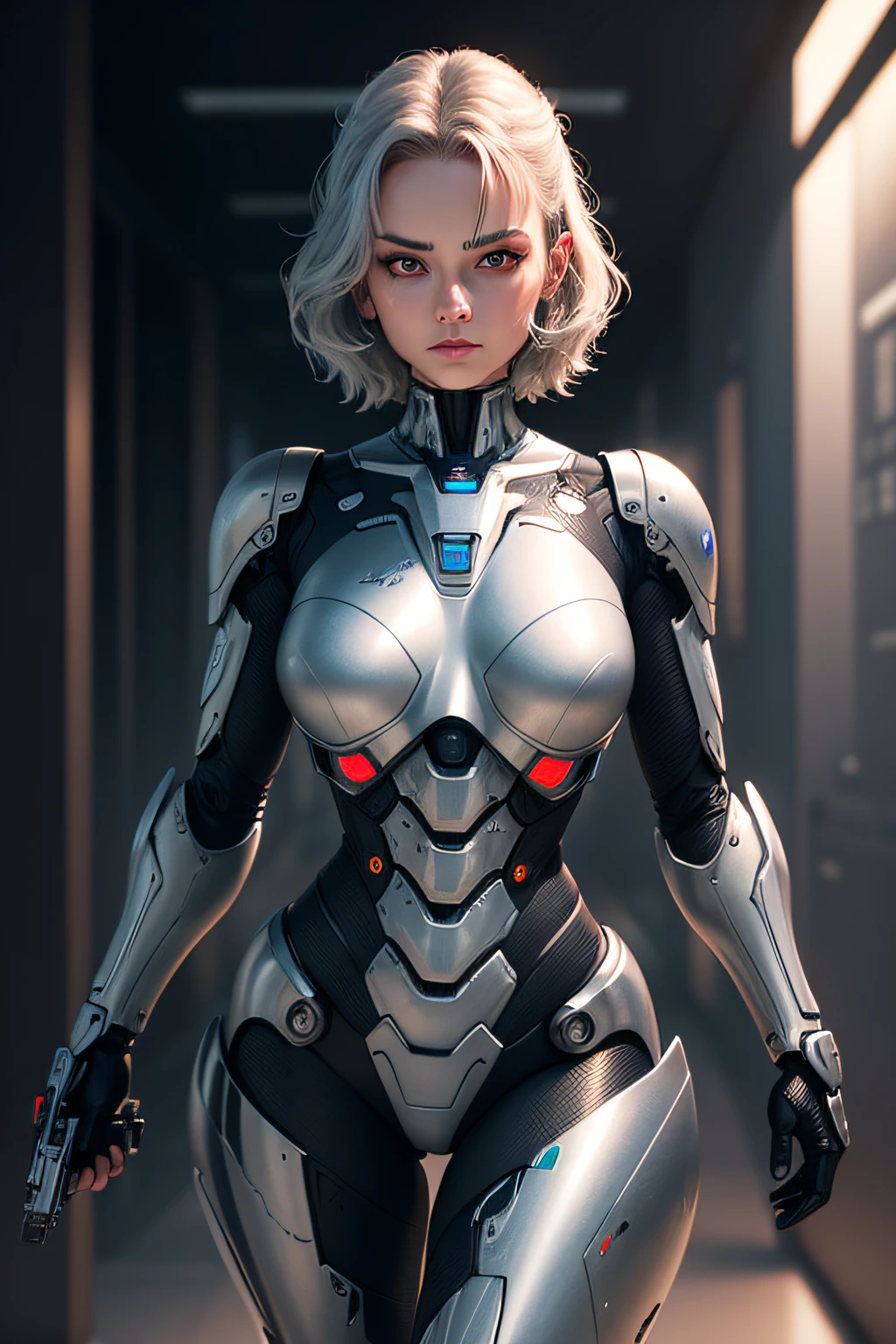 Woman turned into RoboCop Metallic body Holding a gun, Glowing eyes, nffsw, retinas, masutepiece, ccurate, Anatomically correct, Textured skin, Super Detail, high details, High quality, Best Quality, hight resolution