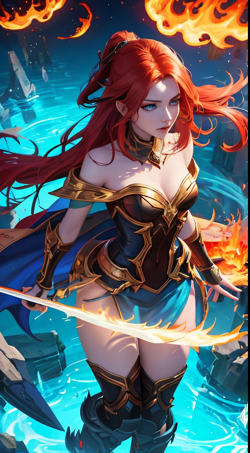 An outstanding painting of a beautiful white girl, flaming, surrounded by flames, Dota2 fire girl style, Ghost knife style, Fire-like hair, Long red hair, Big aqua blue eyes, big breasts thin waist, Wide hips, Mage robes, Magical colors, World of Warcraft style, blizzard entertainment, hyper HD, 8K, authentic skin texture, The best light, The best shadow, Lena from dota2, Let's go, magicle world, down view, little mouth, small-nose, largeeyes, cute big breasts