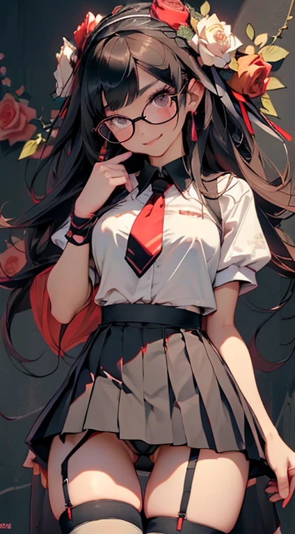 (Black Long Hair)、 posterior view、 (A detailed eye、二重まぶた、eye glasses、A slight smil、Open mouth and happy smile)、 (School Uniforms:1.3)、(tight mini pleated skirt:1.3)、(Skirt lift:1.3)、(Show white sexy panties:1.2)、(Black garter belt:1.3)、(Black thigh socks:1.3)、 ((Medium chest)) 、((Cameltoe:1.3)、Model body type、(Slim waist)、(zettai ryouiki:1.3))、Lots of flowers background (5Fingered hand、Highly detailed facial and skin texture)、 (Super close-up looking up from below:1.2)、Focus on the crotch、(Looks Back:1.2))、((top-quality、8K,masterpiece:1.3))、(Beautiful woman with perfect figure:1.4)、(Background of many blooming roses:1.3)